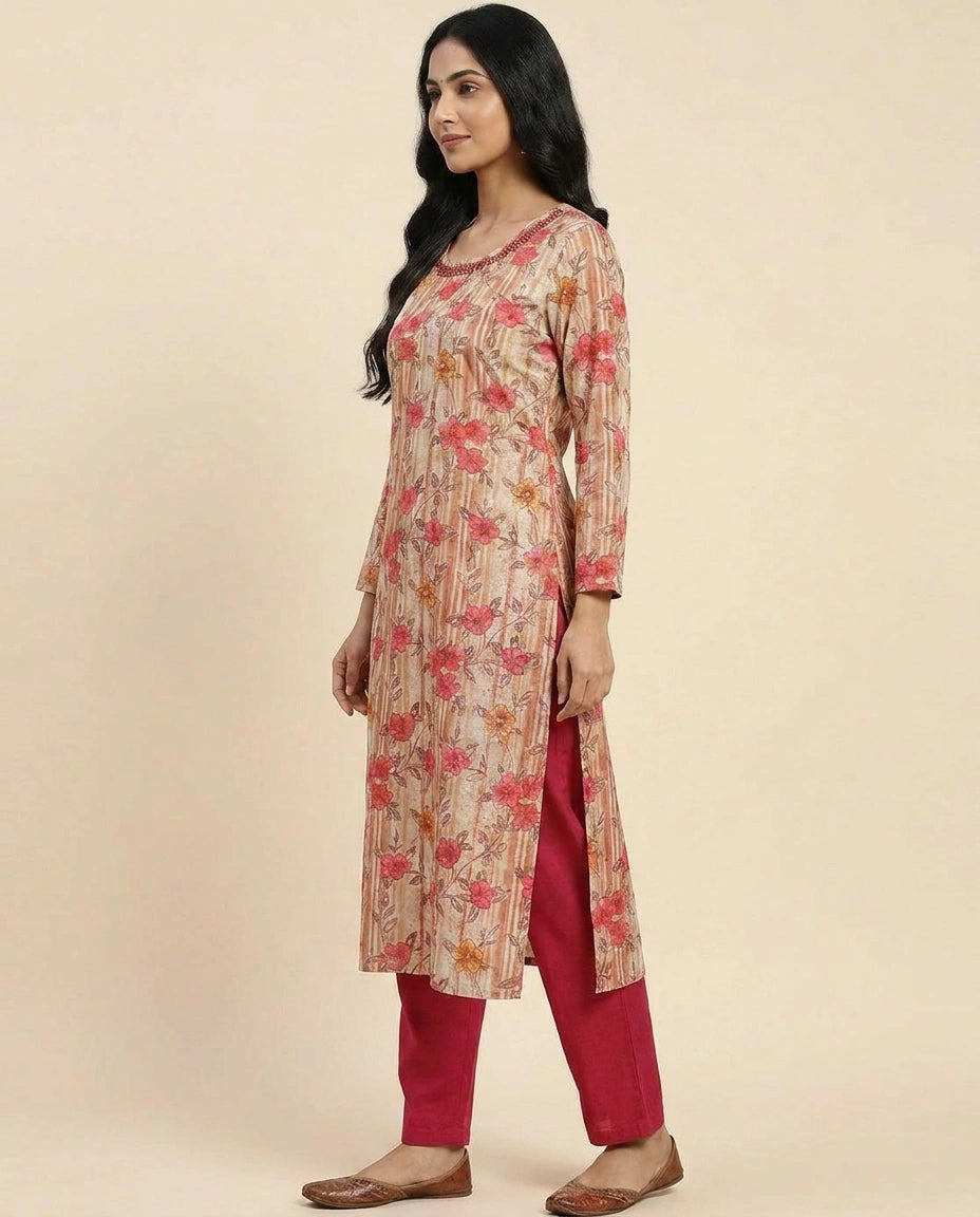 Grey Pink Muslin Kurti with Bottom for Casual Wear
