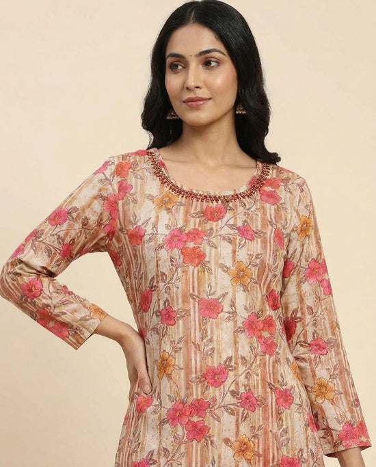 Grey Pink Muslin Kurti with Bottom for Casual Wear