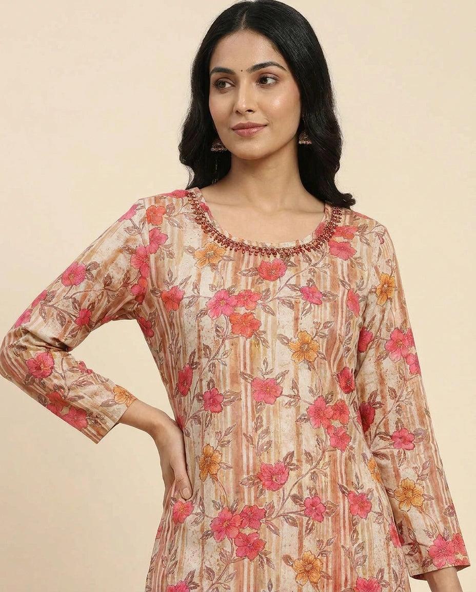 Grey Pink Muslin Kurti with Bottom for Casual Wear