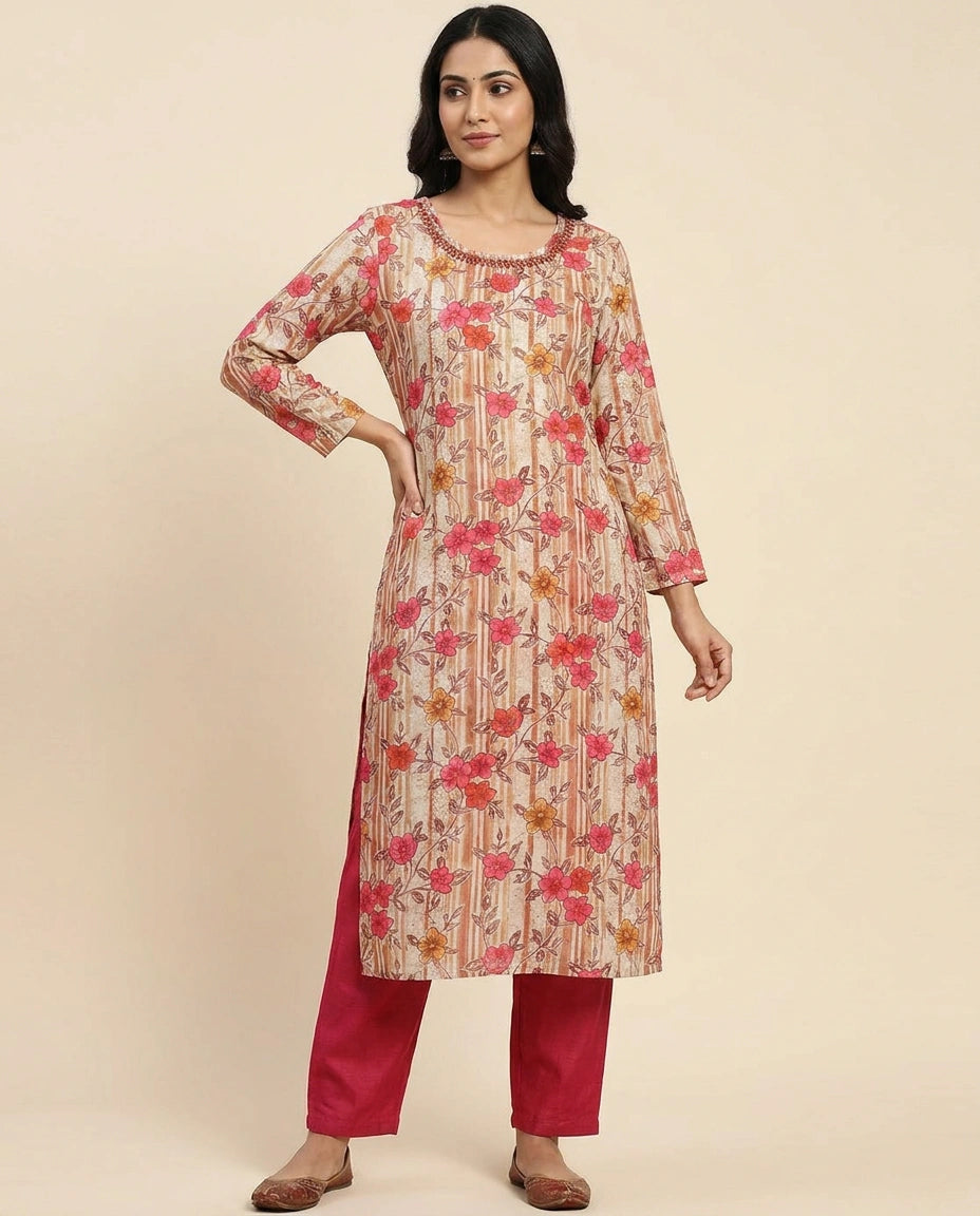 Grey Pink Muslin Kurti with Bottom for Casual Wear