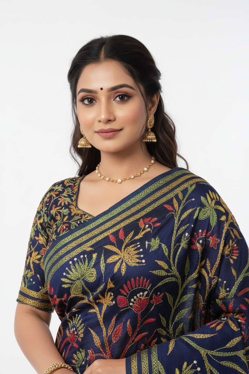 Woman wearing a traditional embroidered saree with a white background