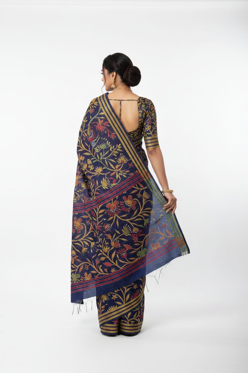 Woman wearing a dark blue saree with floral patterns on a white background