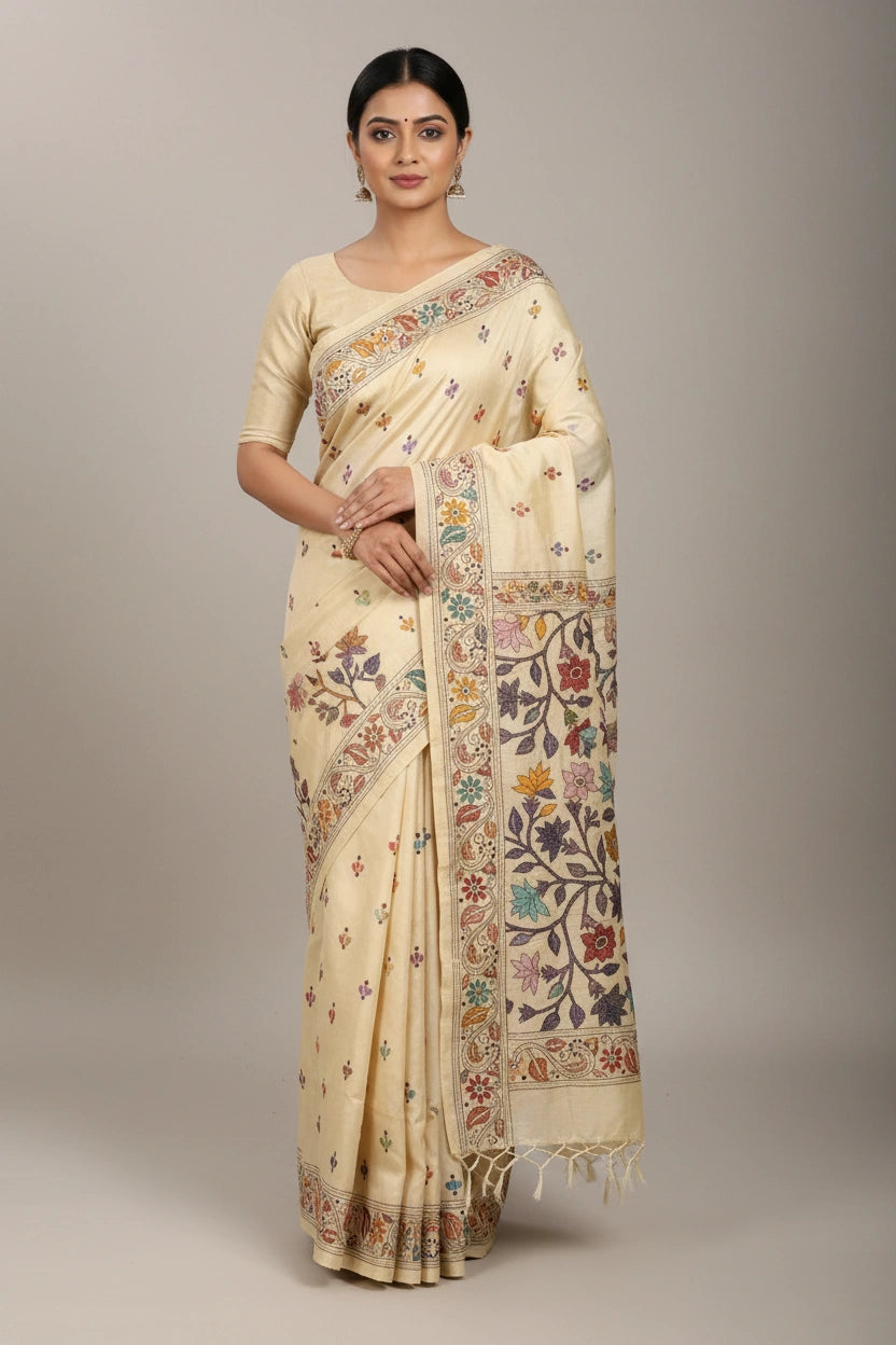 Handcrafted Tussar Silk Embroidery Saree - Rangoli Sarees