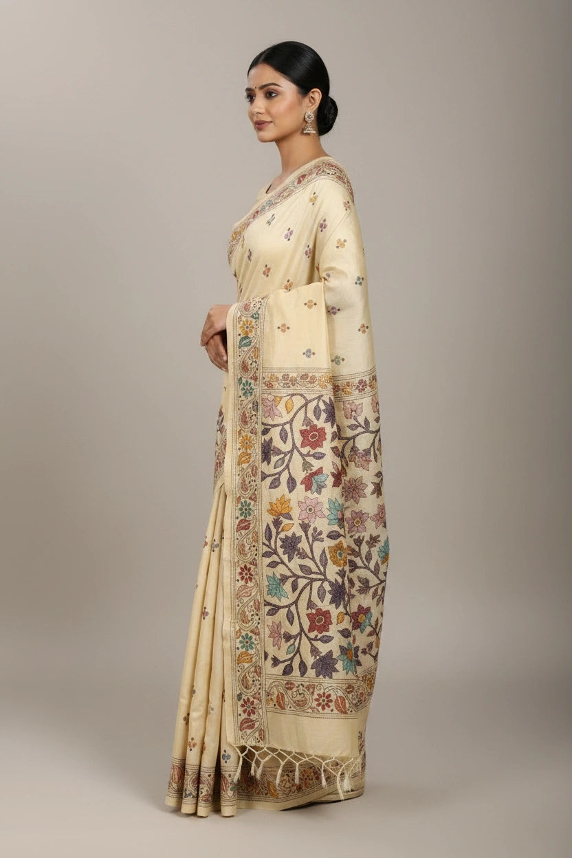 Handcrafted Tussar Silk Katha Stitch Embroidery Saree - silk Indian ethnic wear by Rangoli
