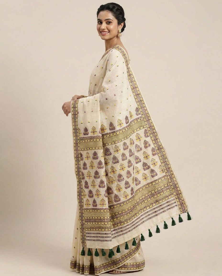 Cotton Bengal Saree with Woven Border - Rangoli India