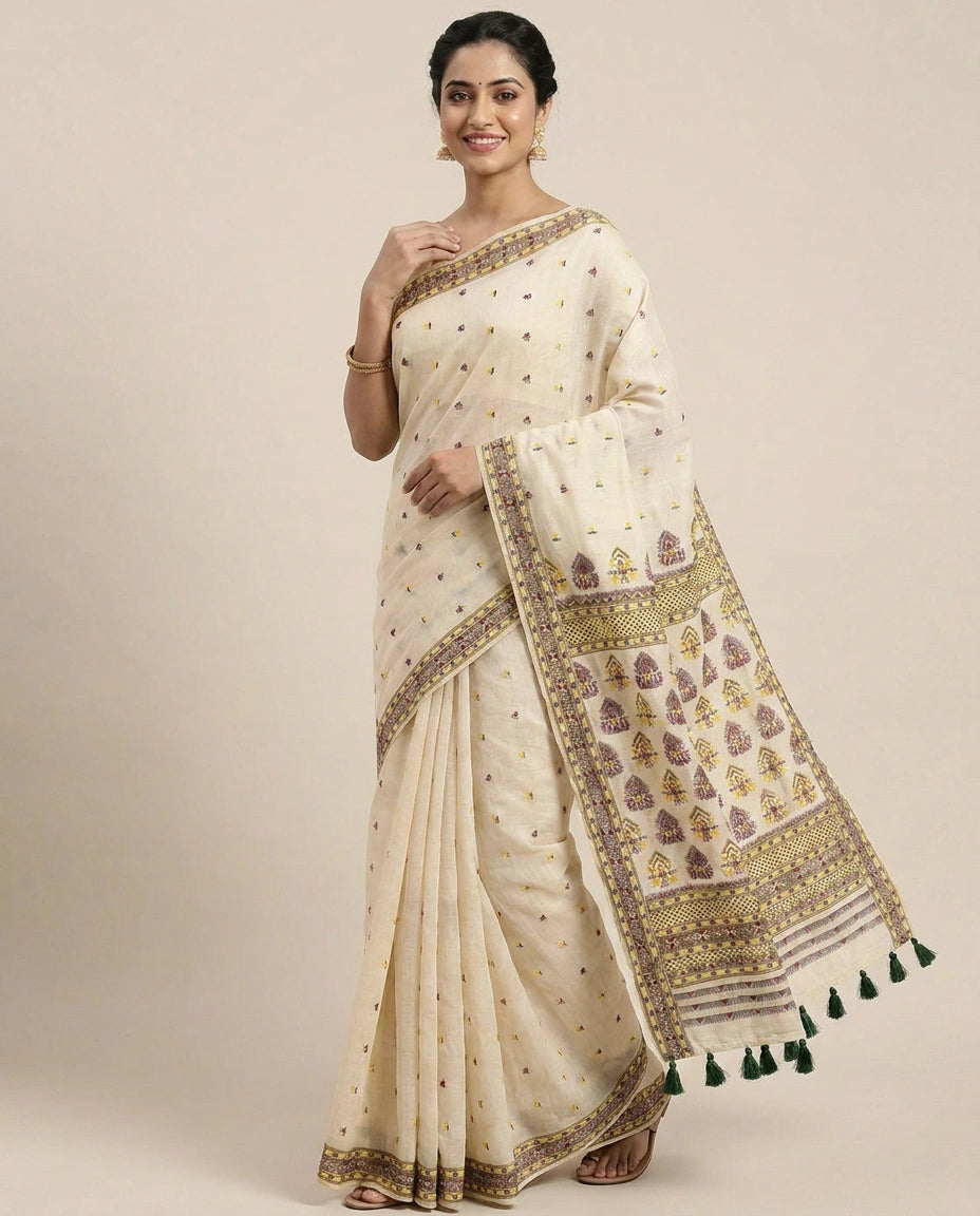 Cotton Bengal Saree with Woven Border - Rangoli India