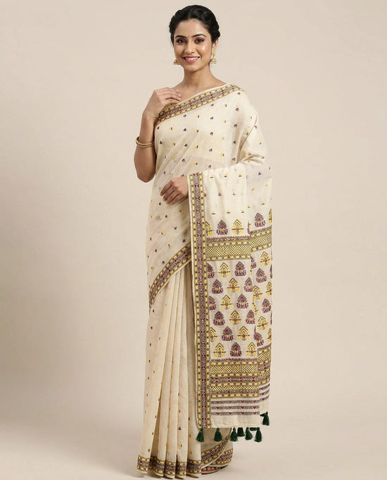Cotton Bengal Saree with Woven Border - Rangoli India