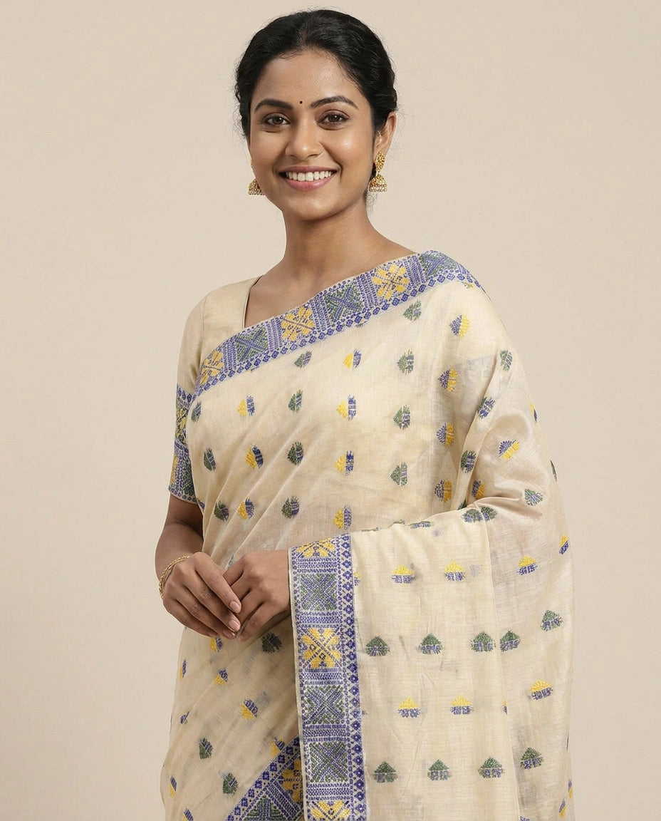 Cotton Bengal Saree with Woven Accents - Rangoli India