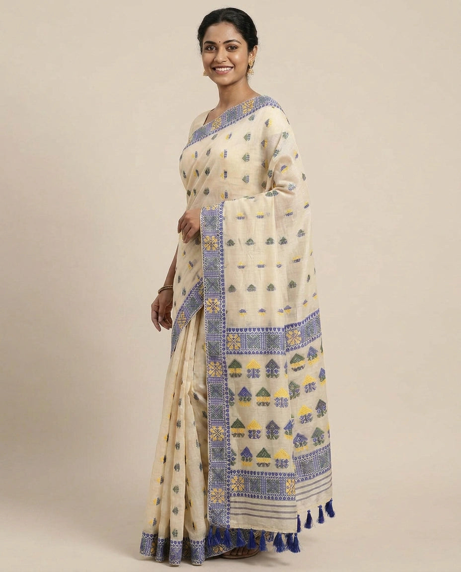 Cotton Bengal Saree with Woven Accents - Rangoli India