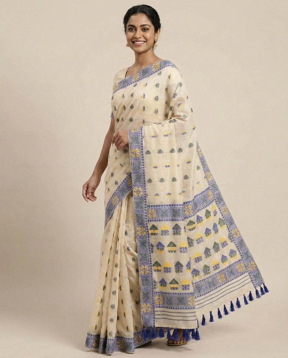 Cotton Bengal Saree with Woven Accents - Rangoli India
