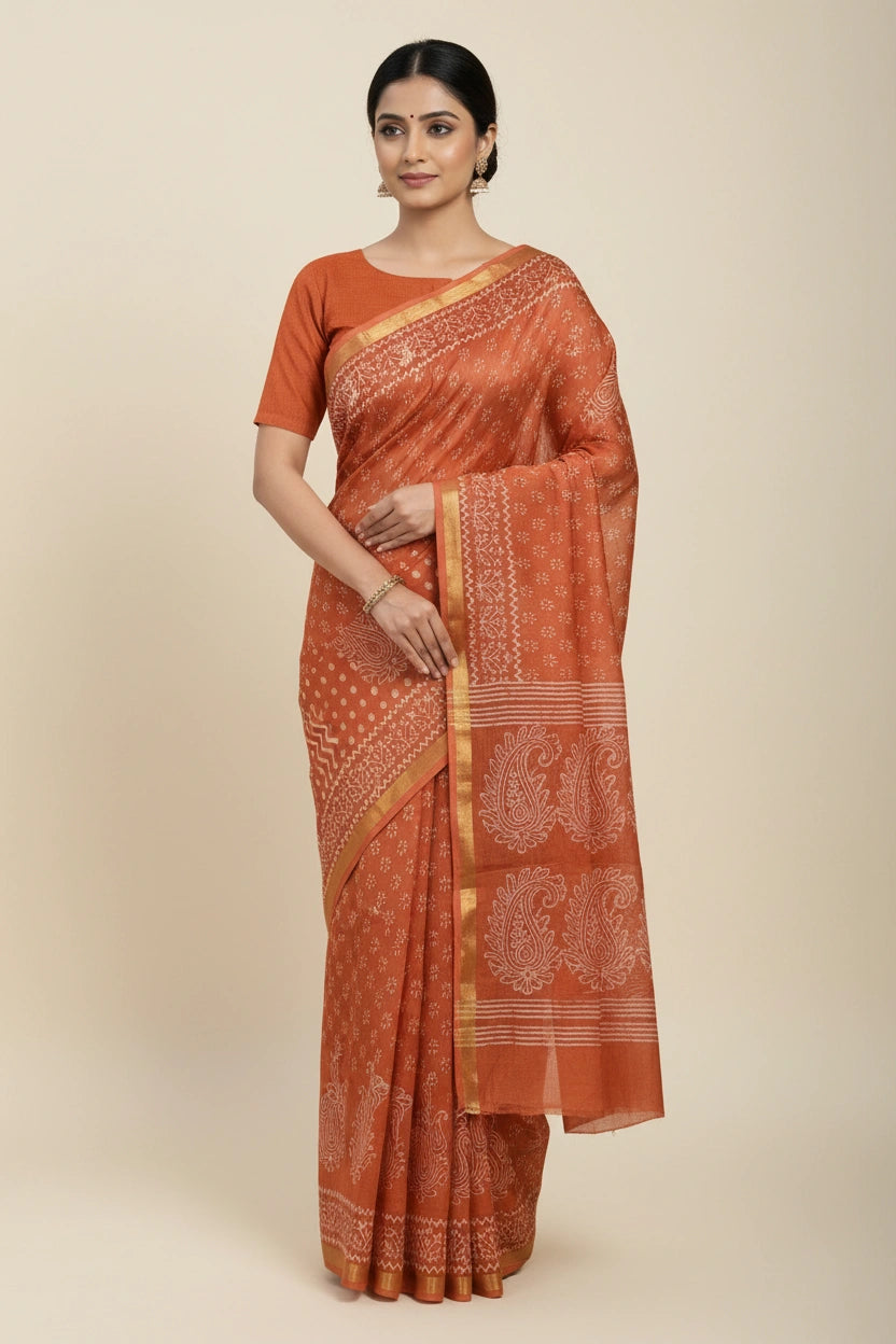 Handcrafted Pure Tussar Silk Printed Saree - Rani | Rangoli
