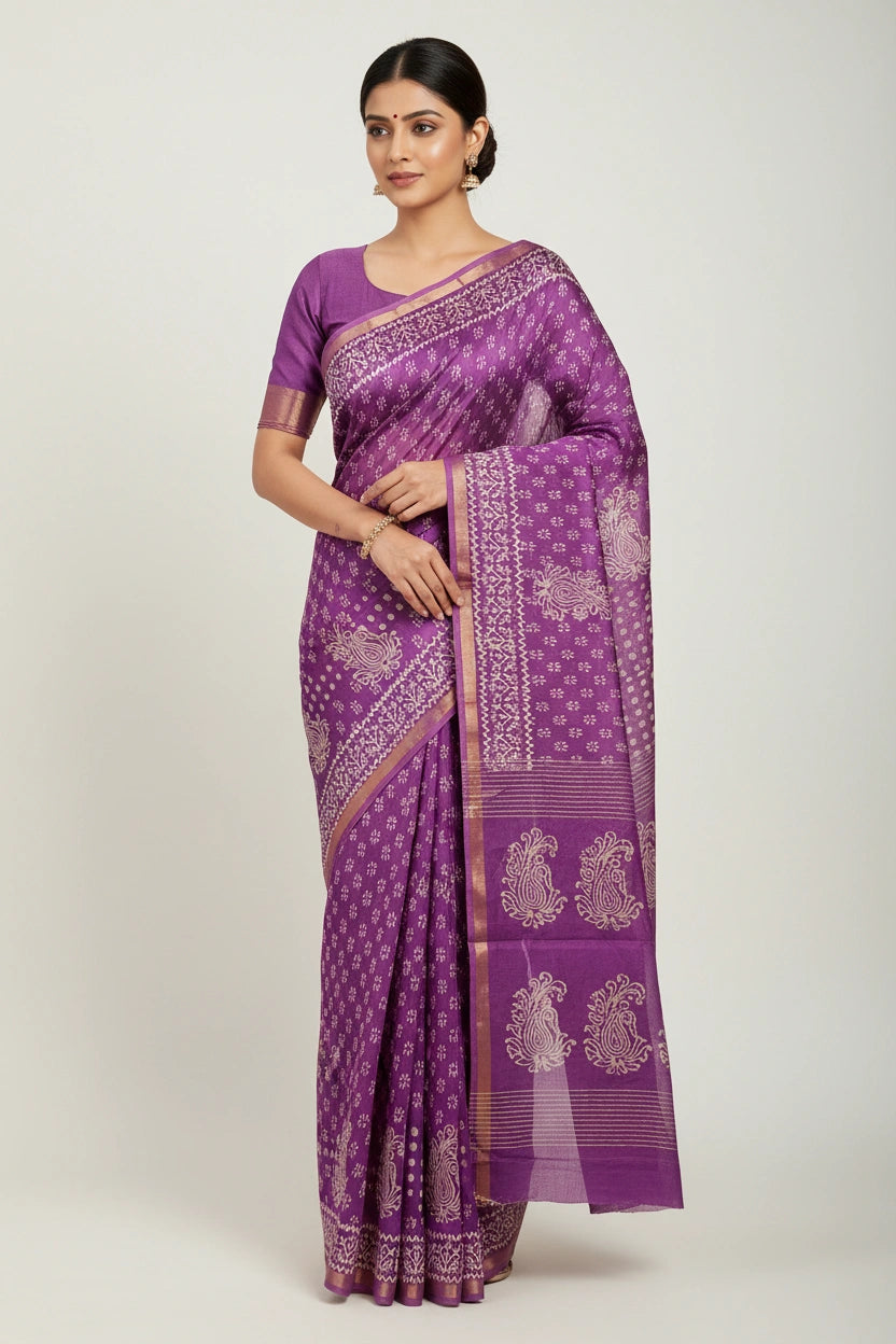 Handcrafted Pure Tussar Silk Printed Saree - Dark Rani | Rangoli