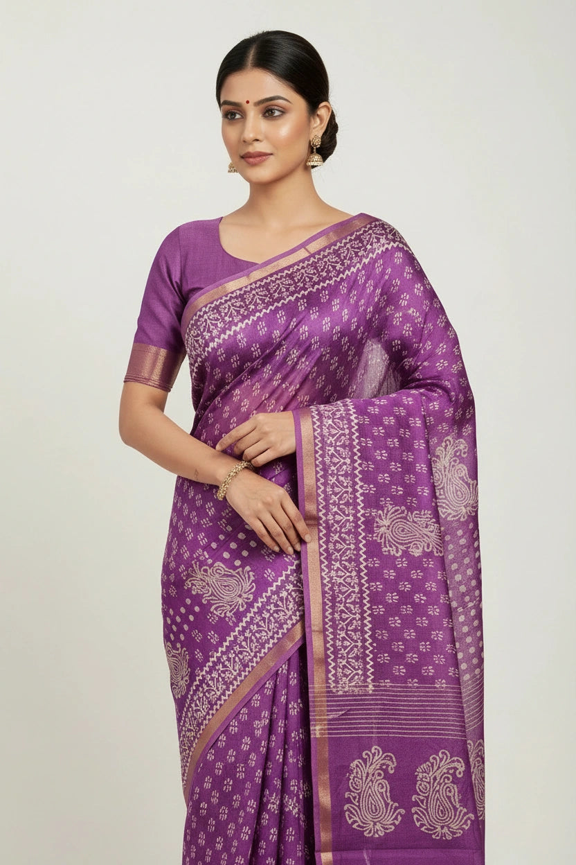 Handcrafted Pure Tussar Silk Printed Saree - Blue | Rangoli