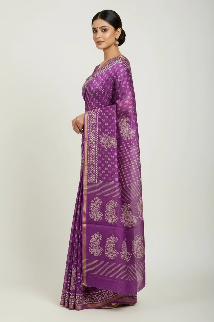 Handcrafted Pure Tussar Silk Printed Saree - Firozi Blue | Rangoli