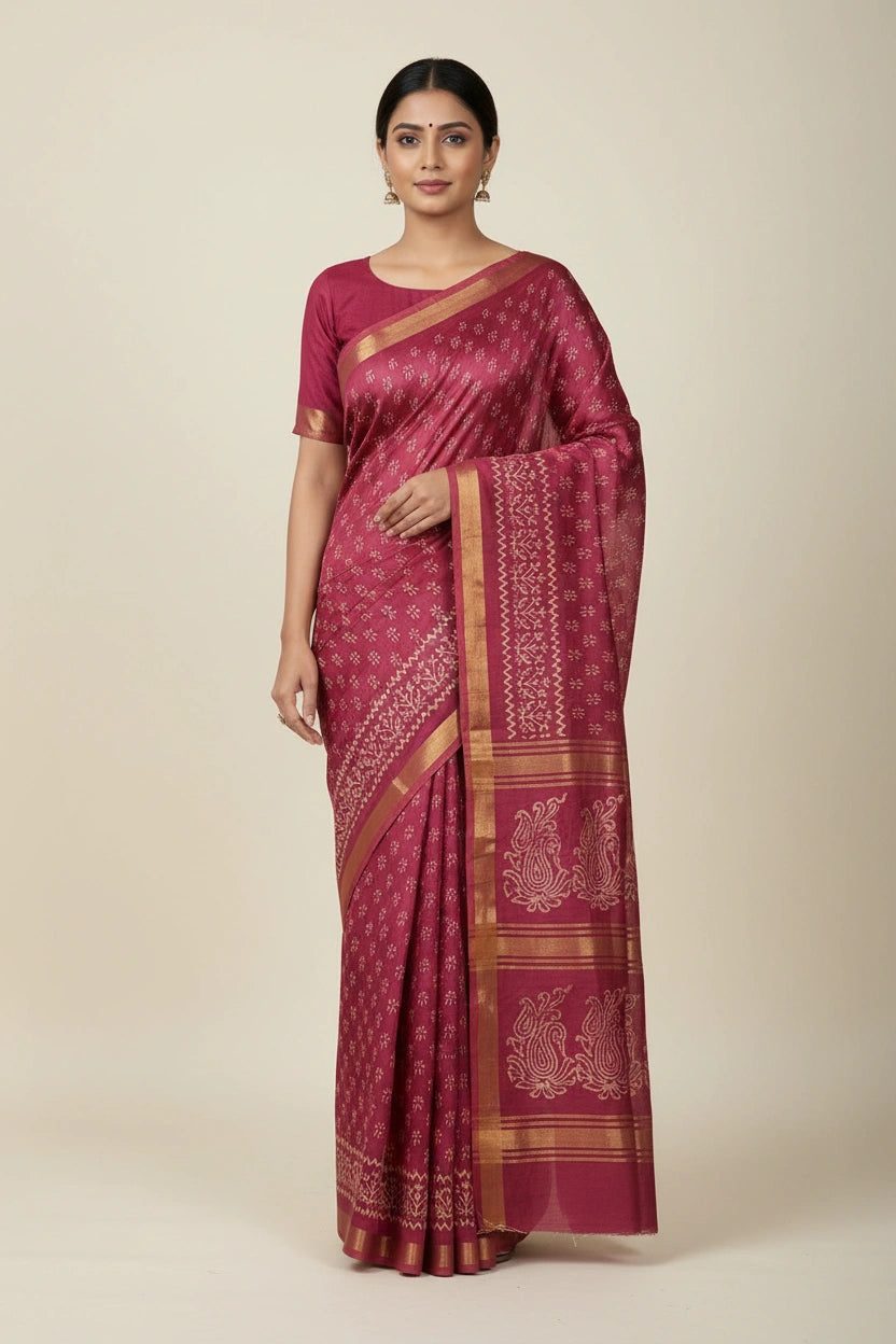 Handcrafted Pure Tussar Silk Printed Saree - Orange | Rangoli