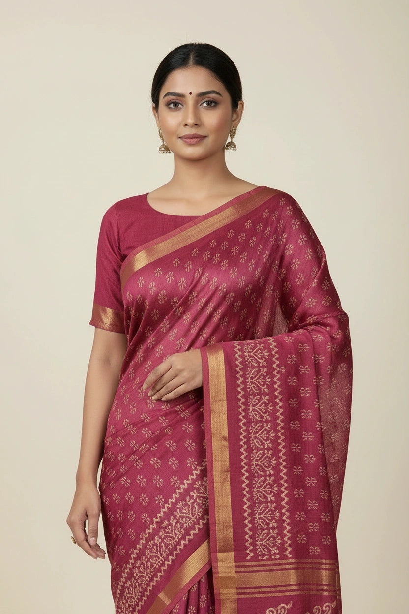 Handcrafted Pure Tussar Silk Printed Saree - Magenta | Rangoli