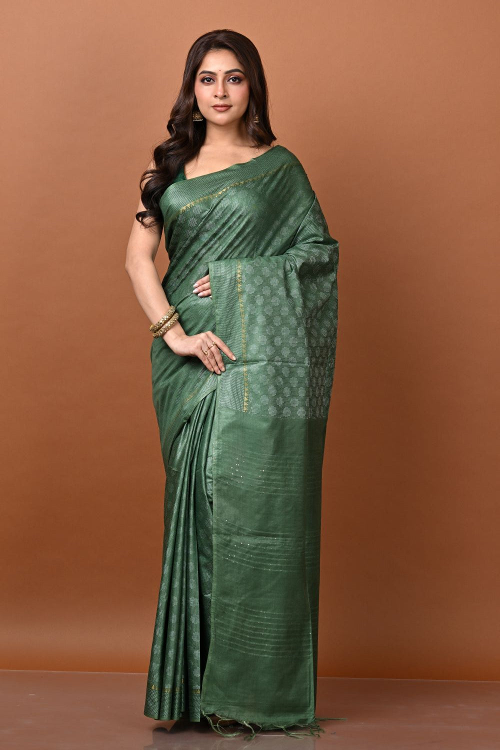 Green Tussar Silk Chapa Weave Saree