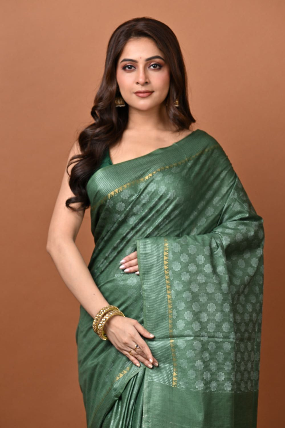 Green Tussar Silk Chapa Weave Saree