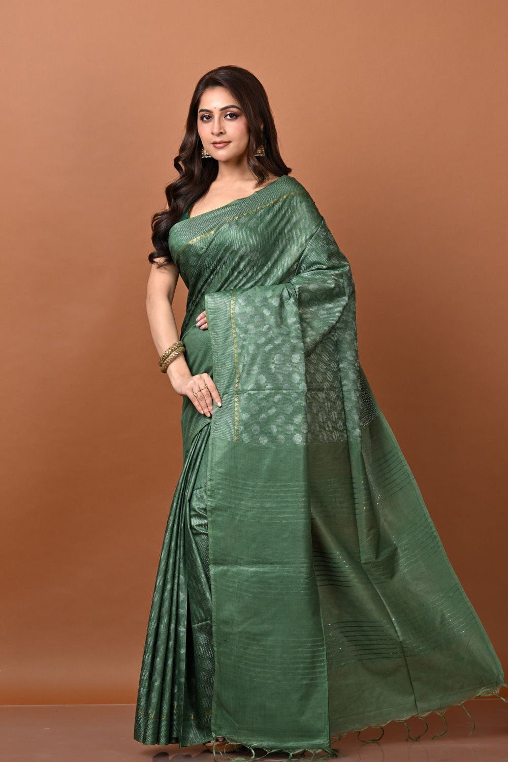 Green Tussar Silk Chapa Weave Saree