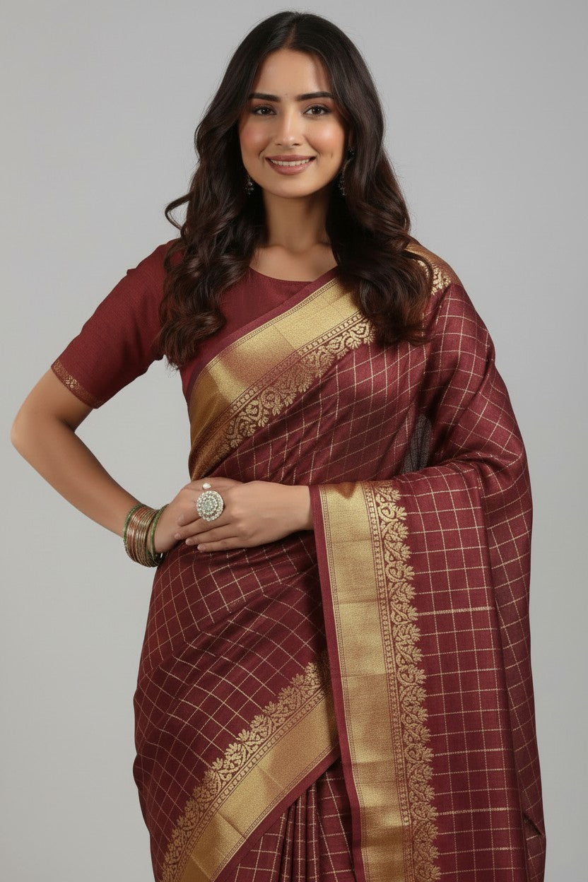 Handcrafted Pure Tussar Silk Chapa Weave Handloom Saree - Red | Rangoli