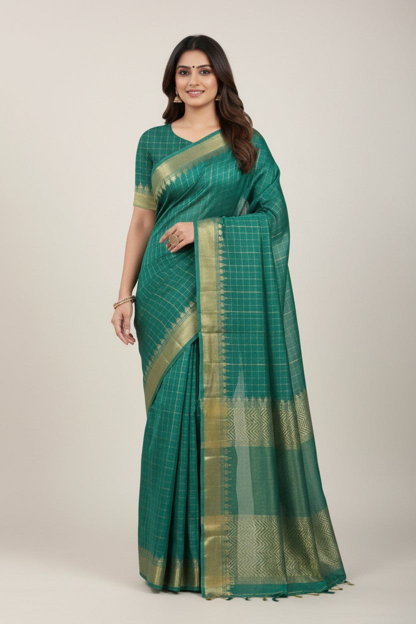 Handcrafted Pure Tussar Silk Chapa Weave Handloom Saree - Firozi Blue | Rangoli