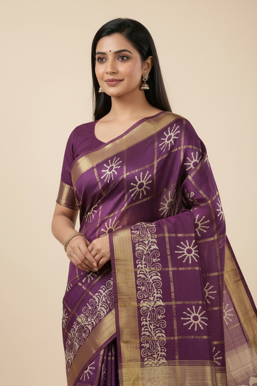 Handcrafted Pure Tussar Silk Printed Saree - Gajari | Rangoli