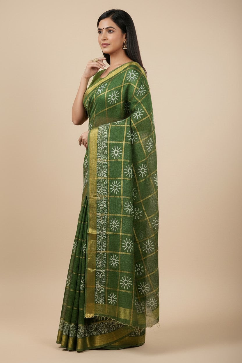 Handcrafted Pure Tussar Silk Printed Saree - Firozi Blue | Rangoli