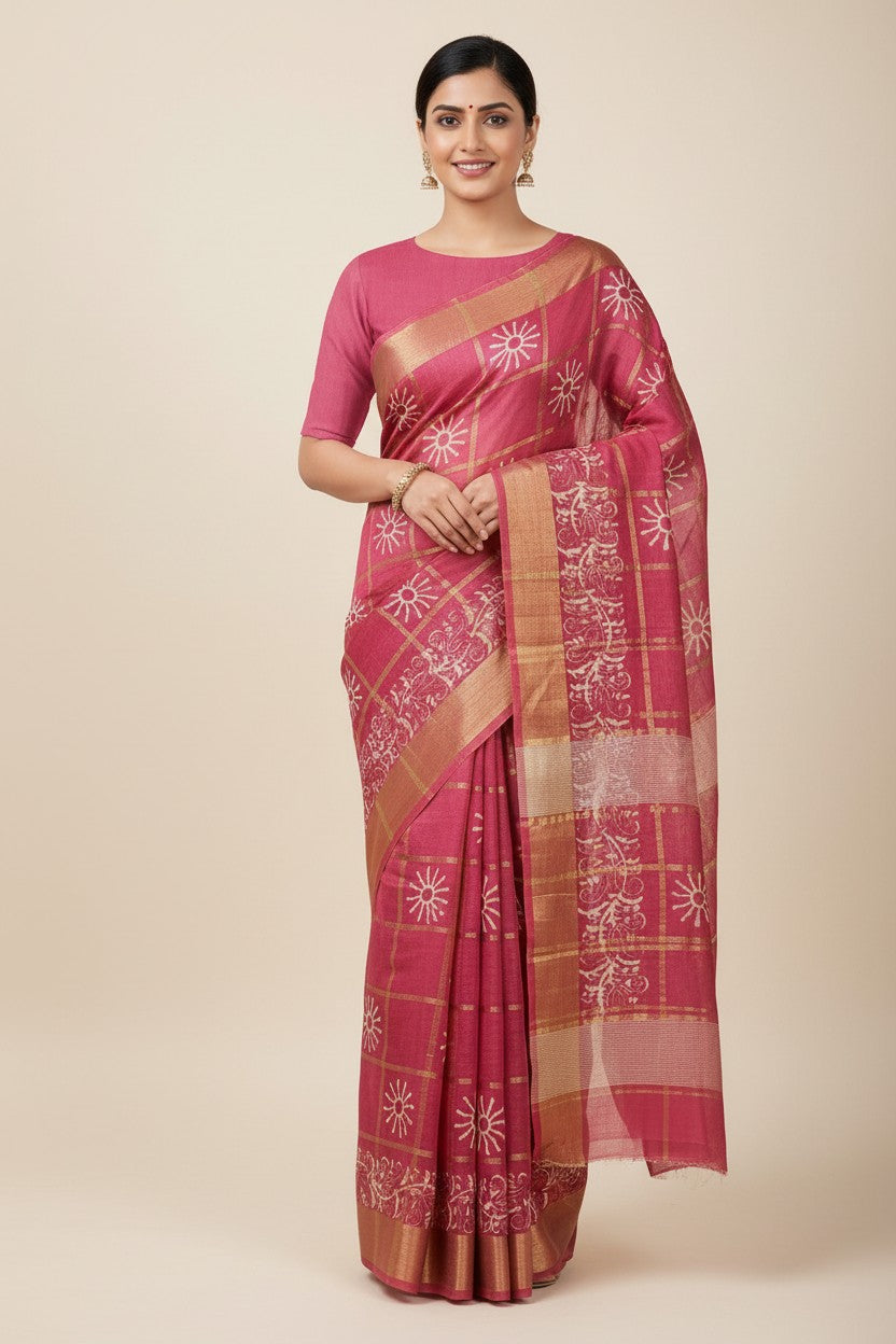 Handcrafted Pure Tussar Silk Printed Saree - Magenta | Rangoli