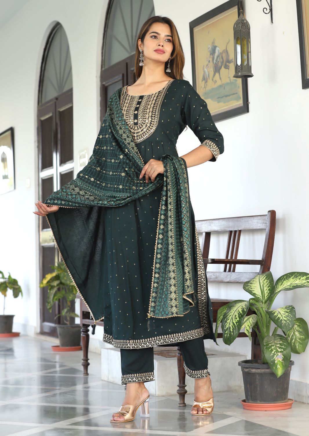 Bottle Green Straight Suit Set