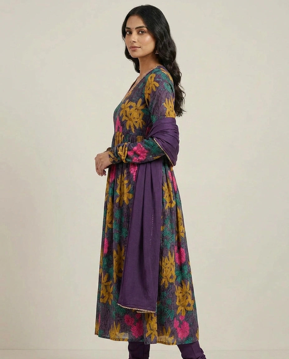 Woman wearing a colorful floral dress with a purple overlay on a plain background