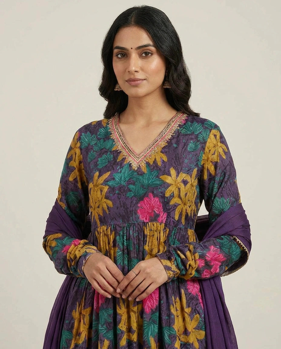 Woman wearing a colorful floral dress with a plain background