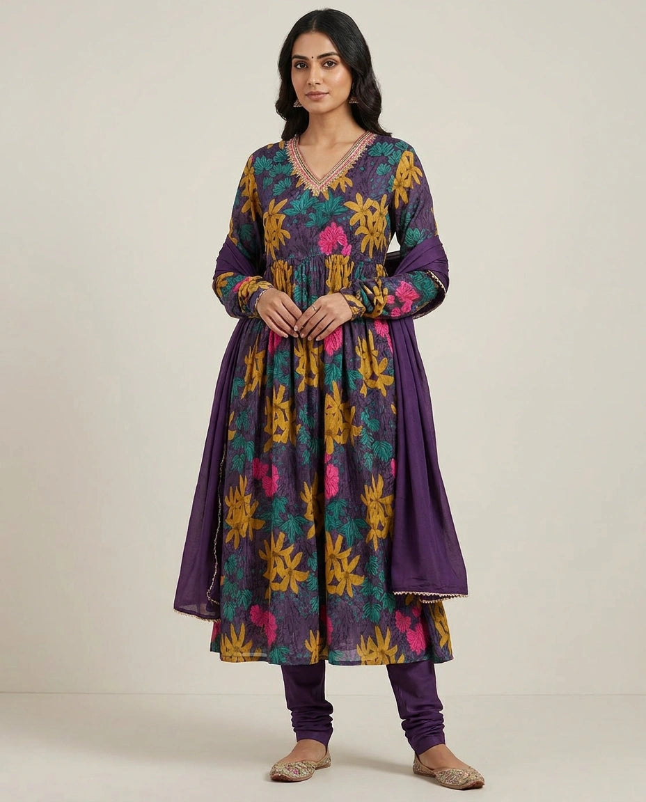 Woman wearing a colorful floral dress with a plain background