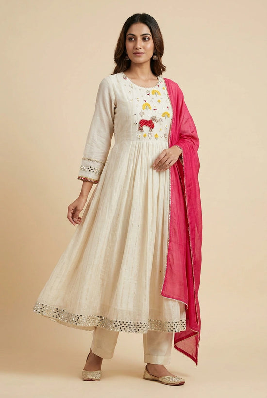 White Cotton Straight Suit with Panel Print for Daily Wear