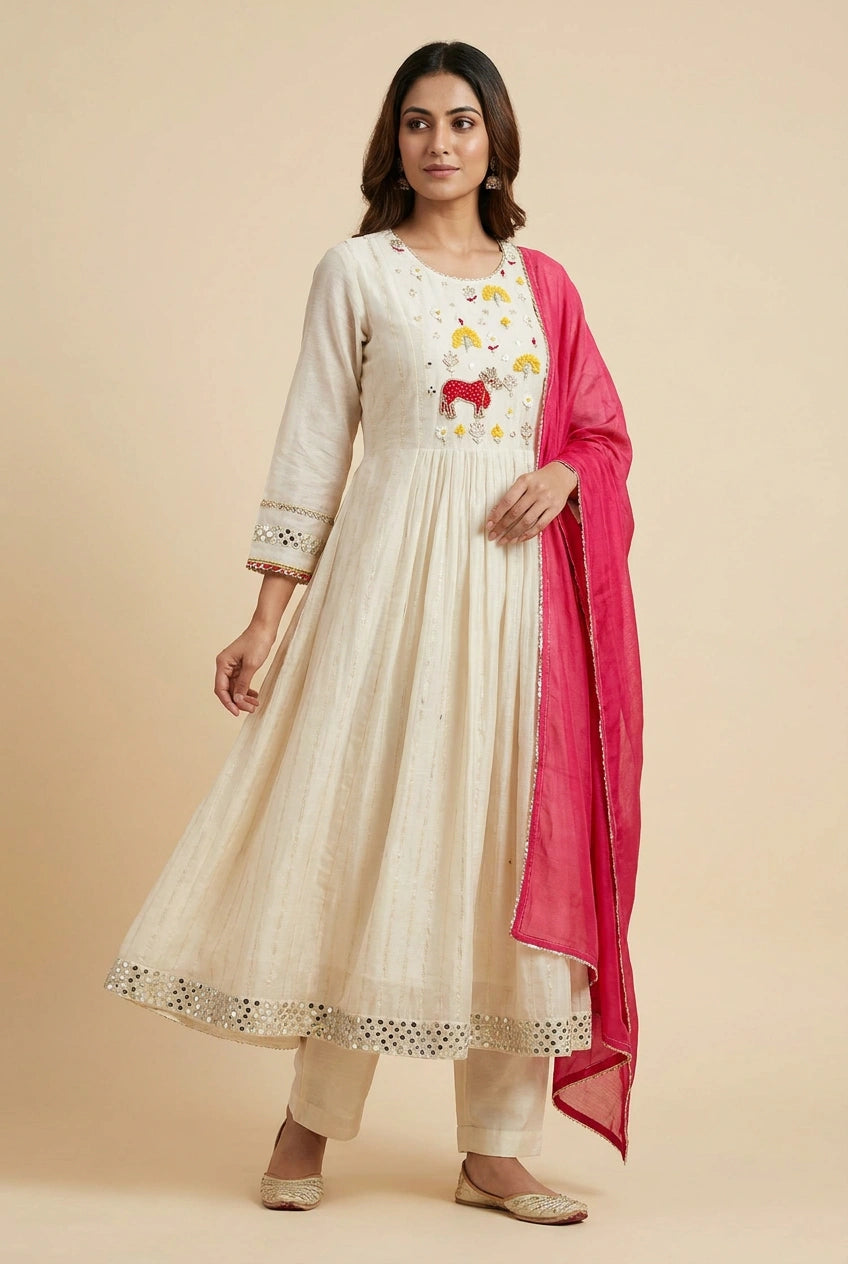 White Cotton Straight Suit with Panel Print for Daily Wear