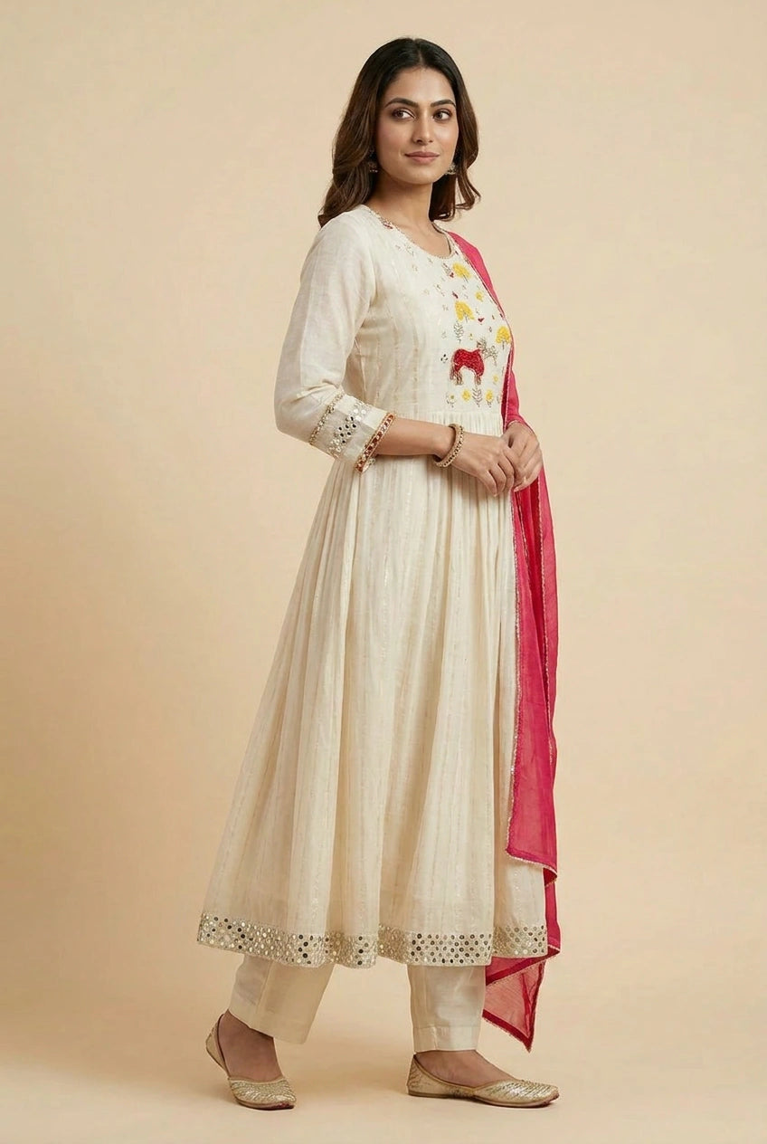 White Cotton Straight Suit with Panel Print for Daily Wear