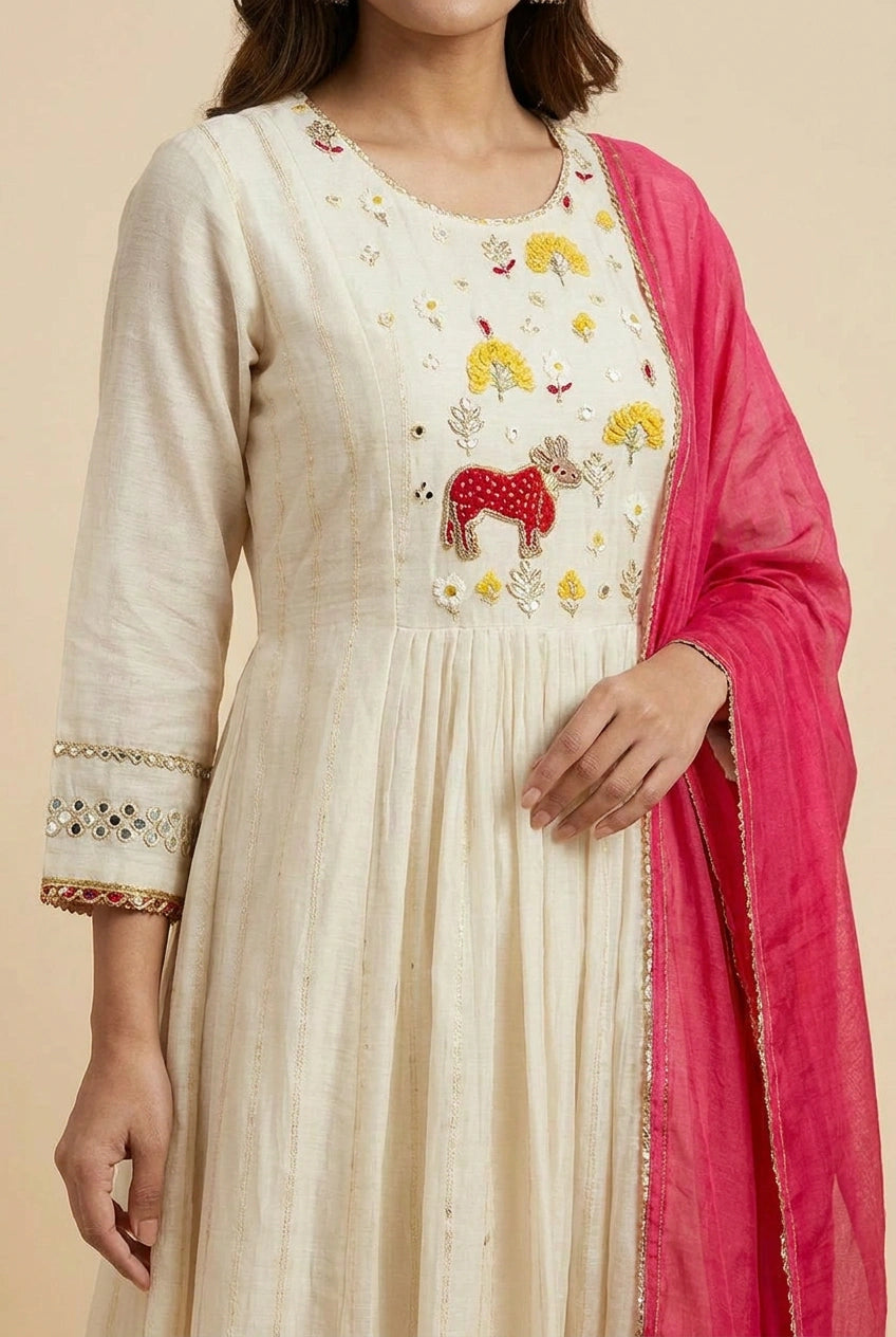 White Cotton Straight Suit with Panel Print for Daily Wear