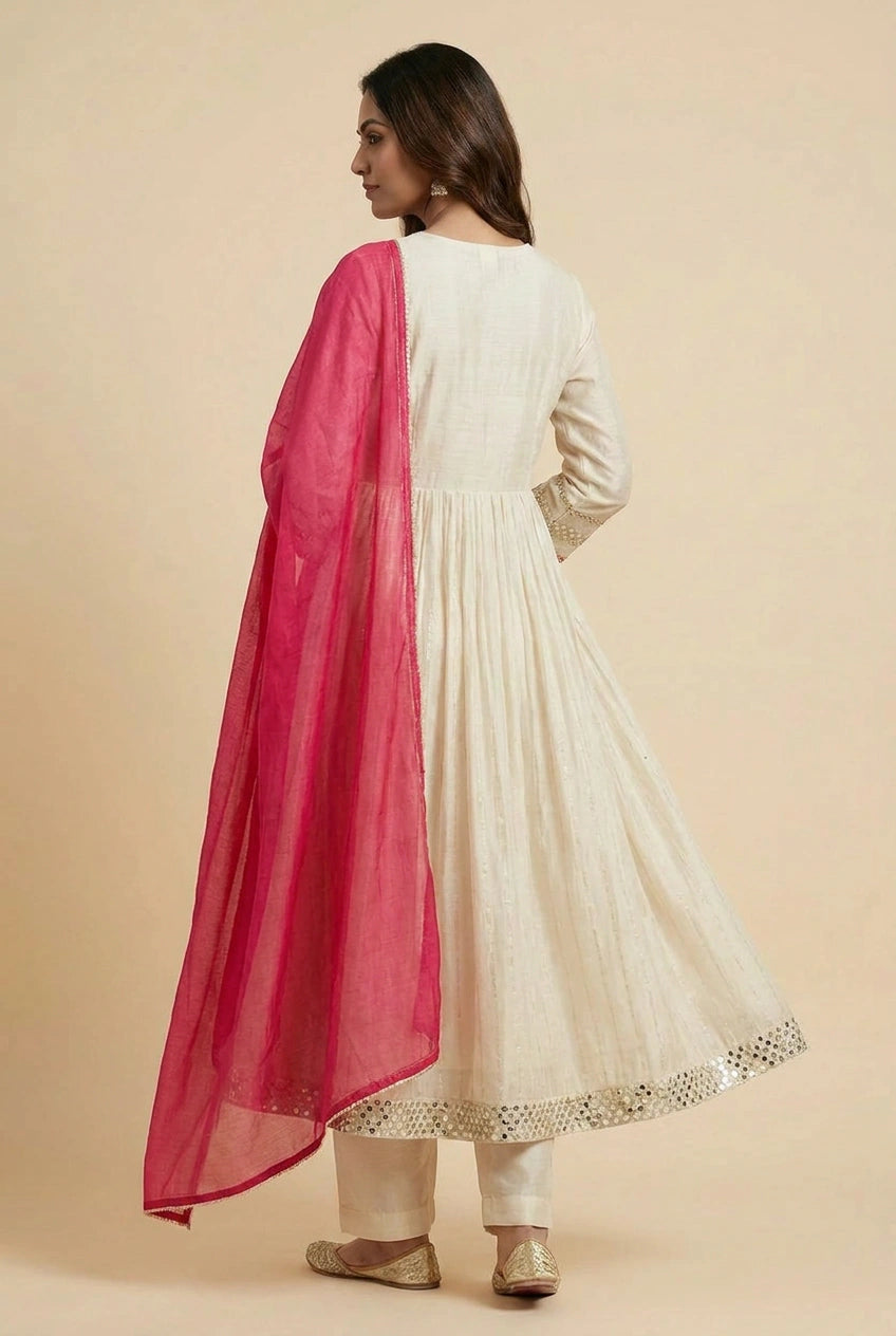 White Cotton Straight Suit with Panel Print for Daily Wear