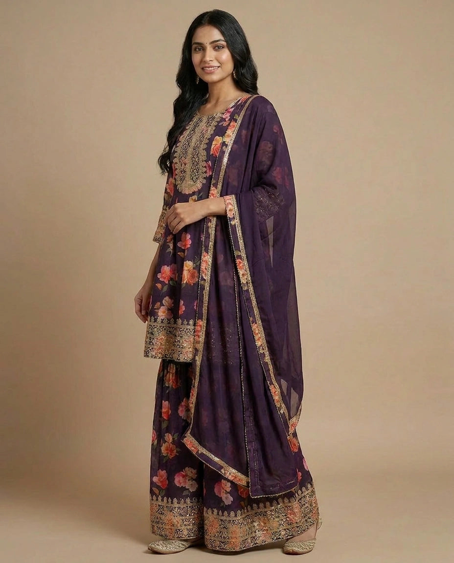 Chinon Palazzo Suit Set with Wide Palazzo Pants Dupatta view 2