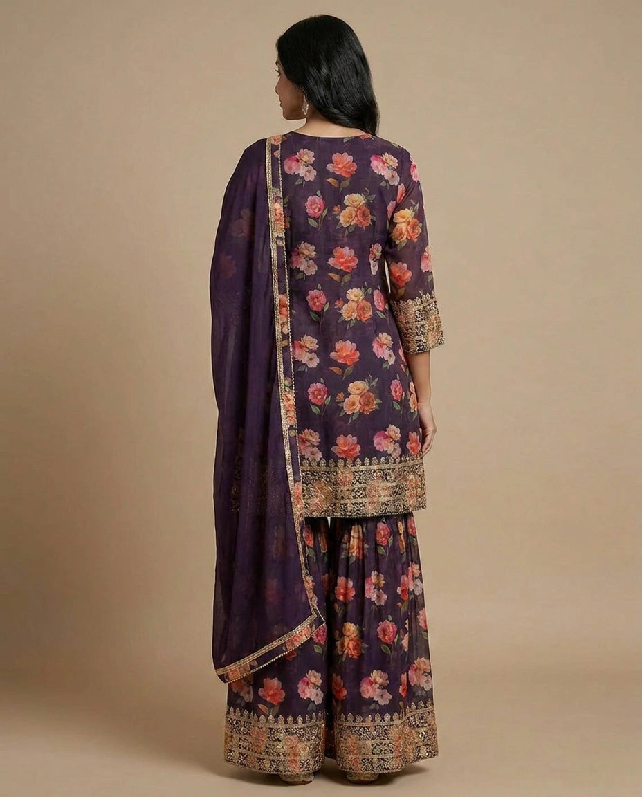 Chinon Palazzo Suit Set with Wide Palazzo Pants Dupatta view 3