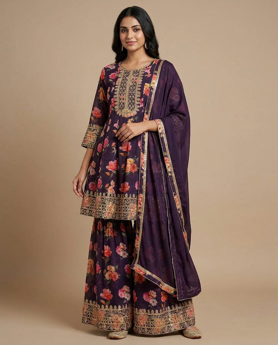 Purple Chinon Palazzo Suit Set with Wide Palazzo Pants Dupatta