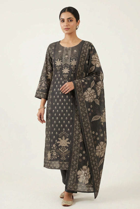 Black Muslin Straight Suit with Embroidery for Daily Wear