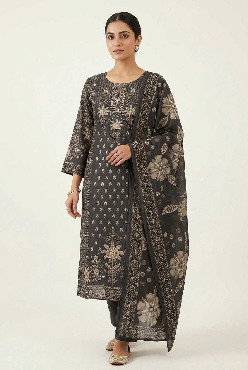 Black Muslin Straight Suit with Embroidery for Daily Wear