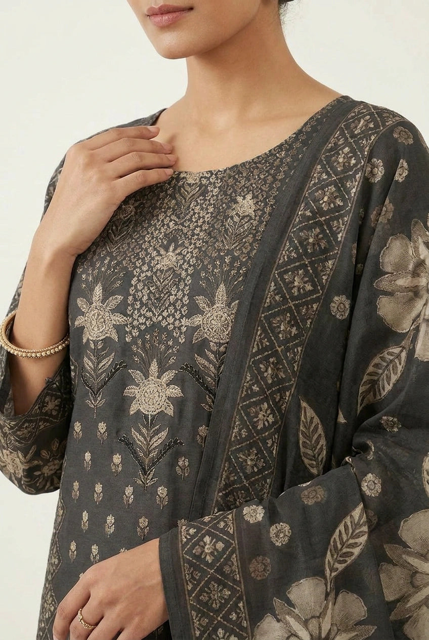 Black Muslin Straight Suit with Embroidery for Daily Wear