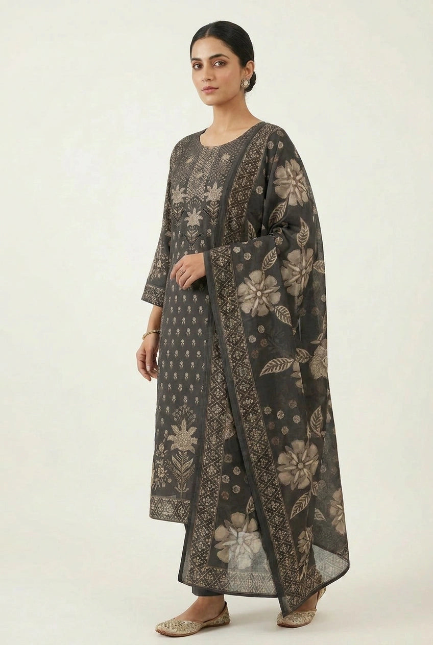 Black Muslin Straight Suit with Embroidery for Daily Wear