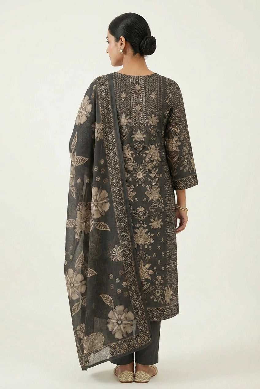 Black Muslin Straight Suit with Embroidery for Daily Wear
