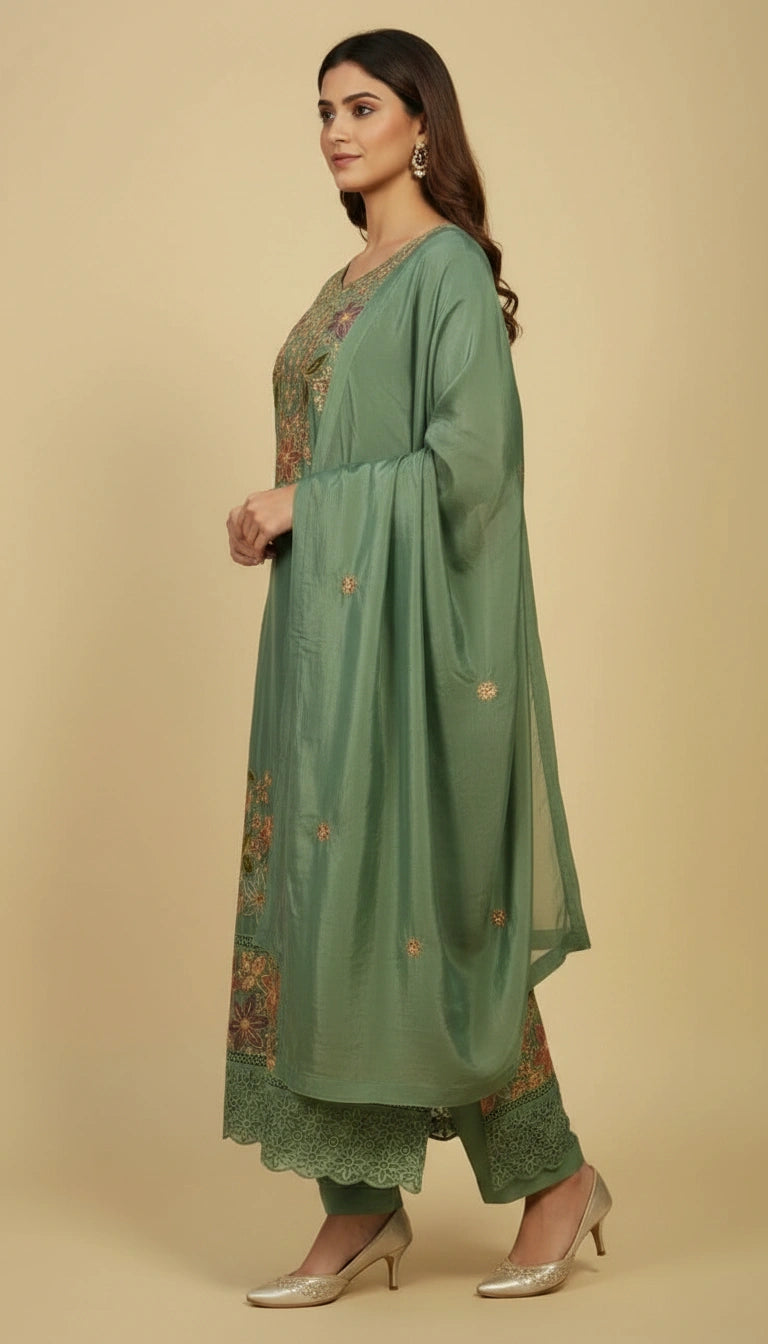 Chinon Straight Salwar Suit Set with Matching Dupatta Set