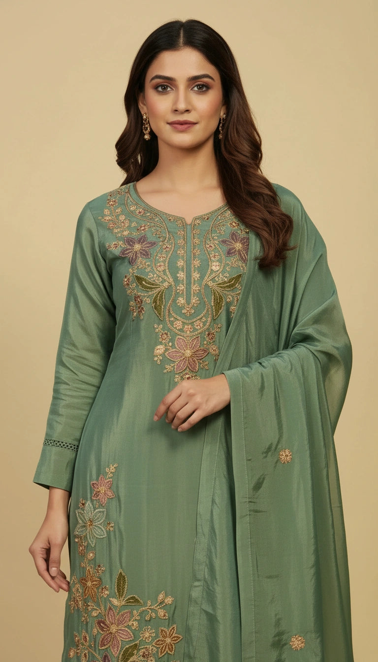 Chinon Straight Salwar Suit Set with Matching Dupatta Set