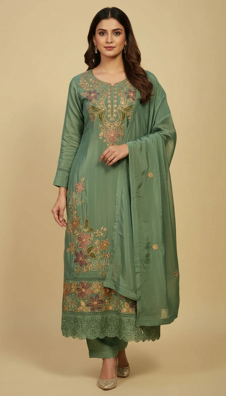 Chinon Straight Salwar Suit Set with Matching Dupatta Set