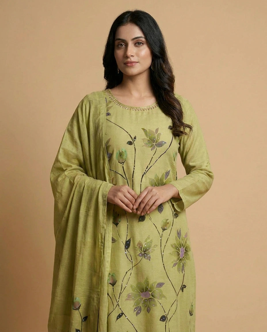 Straight Fit Cotton Salwar Suit Set with Printed Dupatta