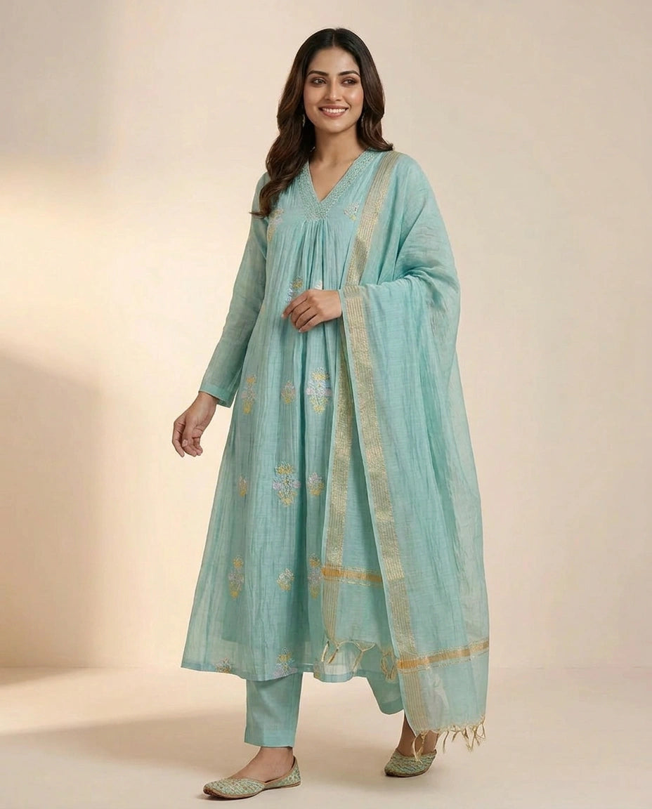 Mul Chanderi Suit A Line - Rangoli India